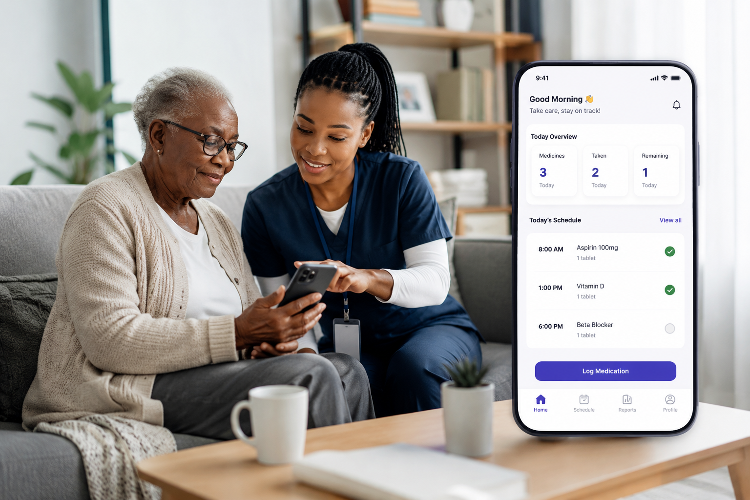 Smiling patient and caregiver looking at phone